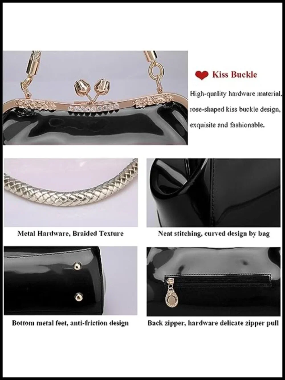 Glossy Patent Leather Evening Bag Kiss Lock Handbag Woven Metal Handle Women